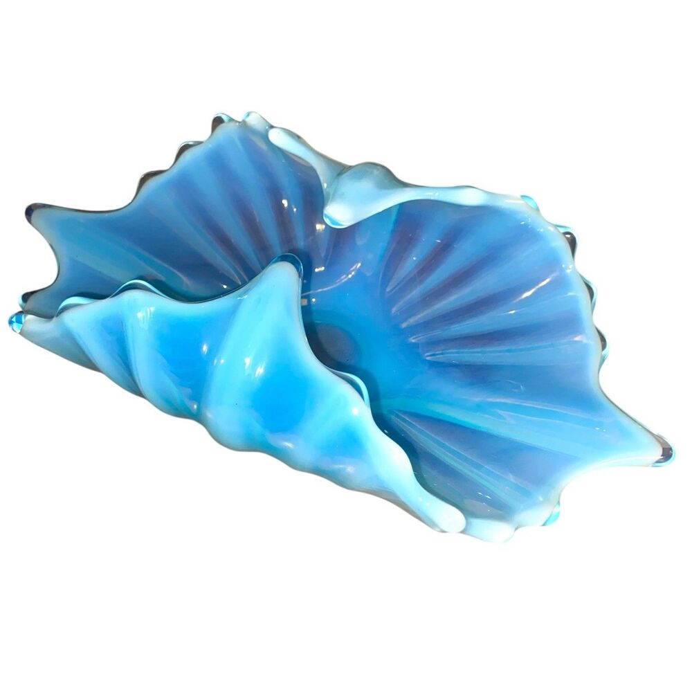 Vintage Fostoria Heirloom Blue Opaline 10” Curled Edge Art Glass Dish